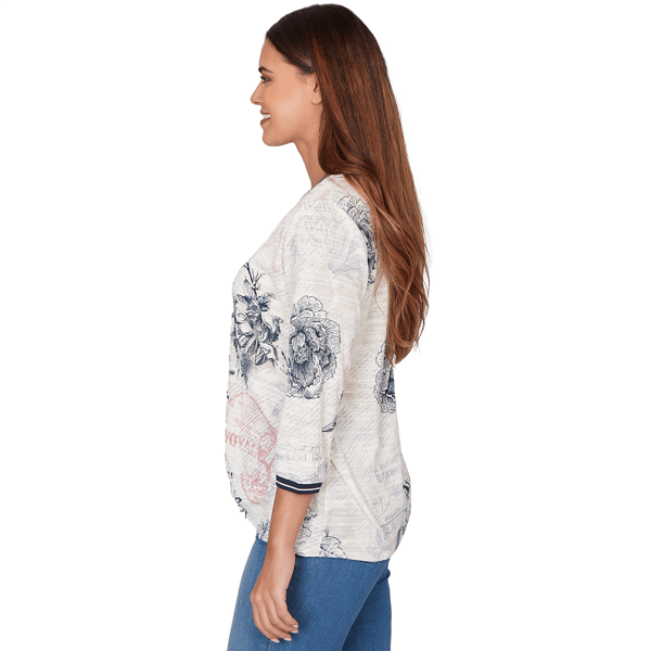 Petite Ruby Rd. Jetsetter Floral Stamp Front Knot Blouse