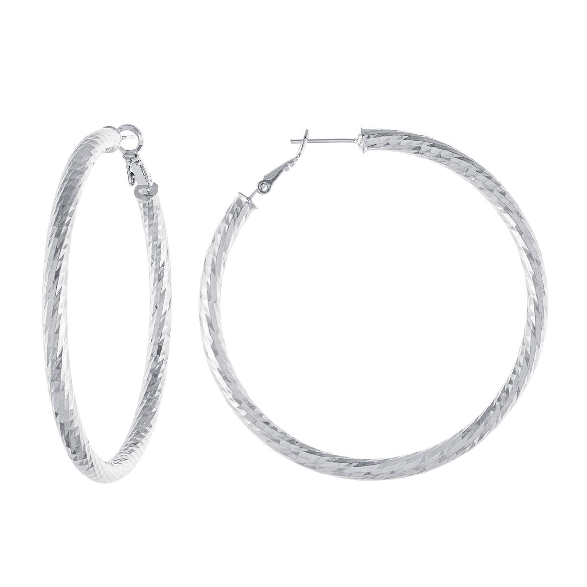 Athra Fine Silver Plated 60mm Diamond Cut Hoop Earrings