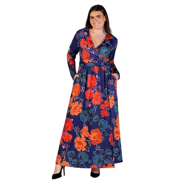 Plus Size 24/7 Comfort Apparel Navy Floral Side Slit Maxi Dress