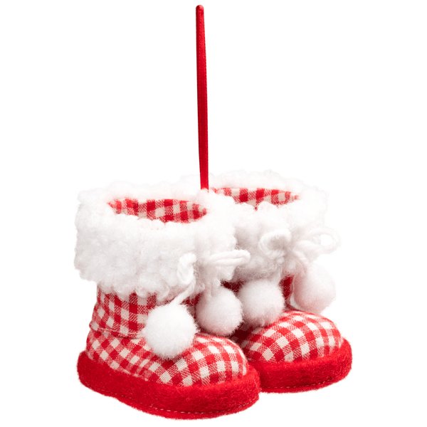 Northlight Checkered Baby Boots with Pom Poms Christmas Ornament
