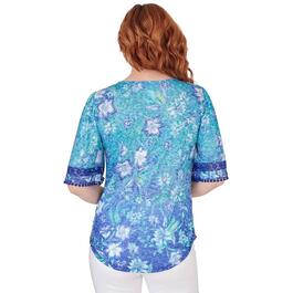 Womens Ruby Rd. Bali Blue Elbow Sleeve Floral Blouse