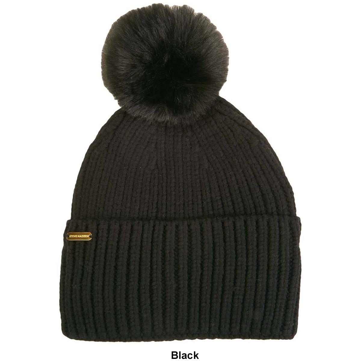 Womens Steve Madden Ribbed Knit Beanie with Faux Fur Pom
