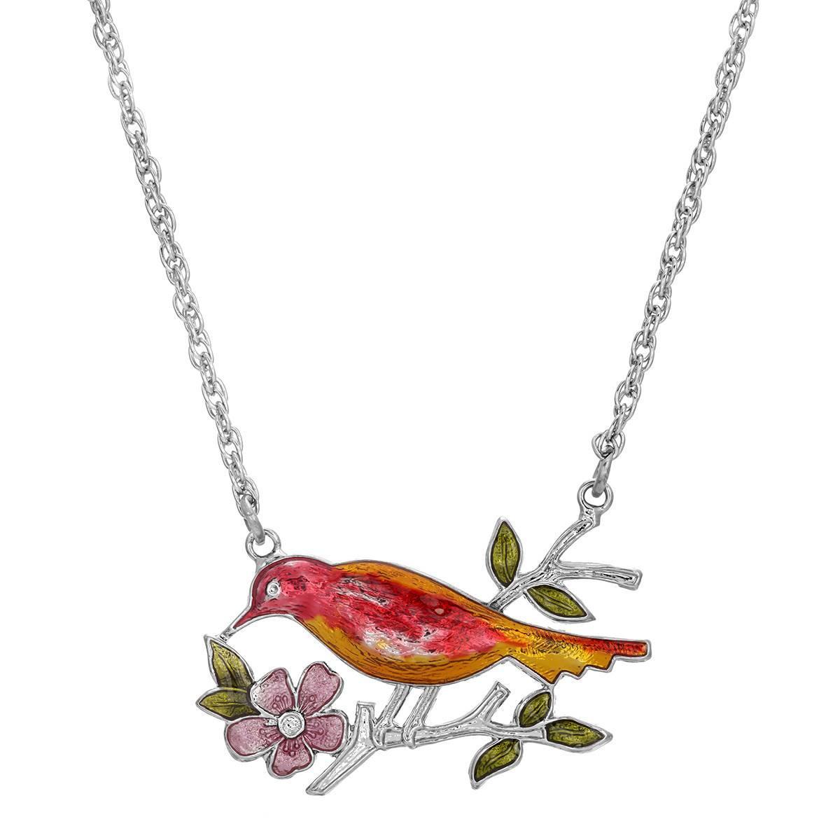 1928 Silver Tone Enamel Bird and Flower Necklace