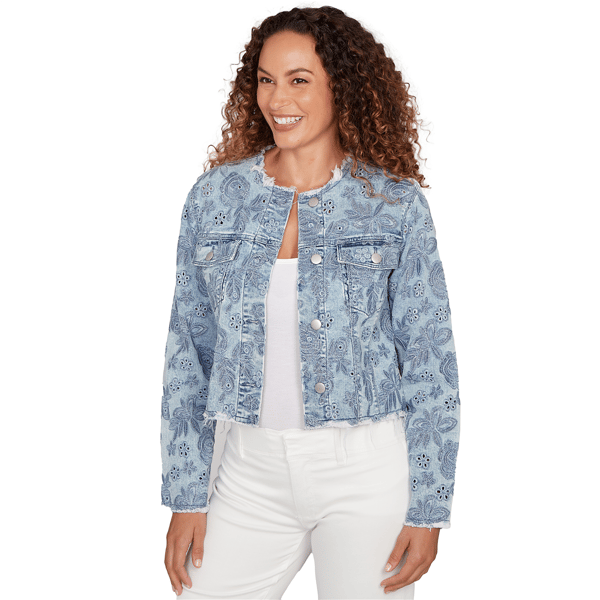 Womens Skye’s the Limit Fresh Start Embroidered Denim Jacket