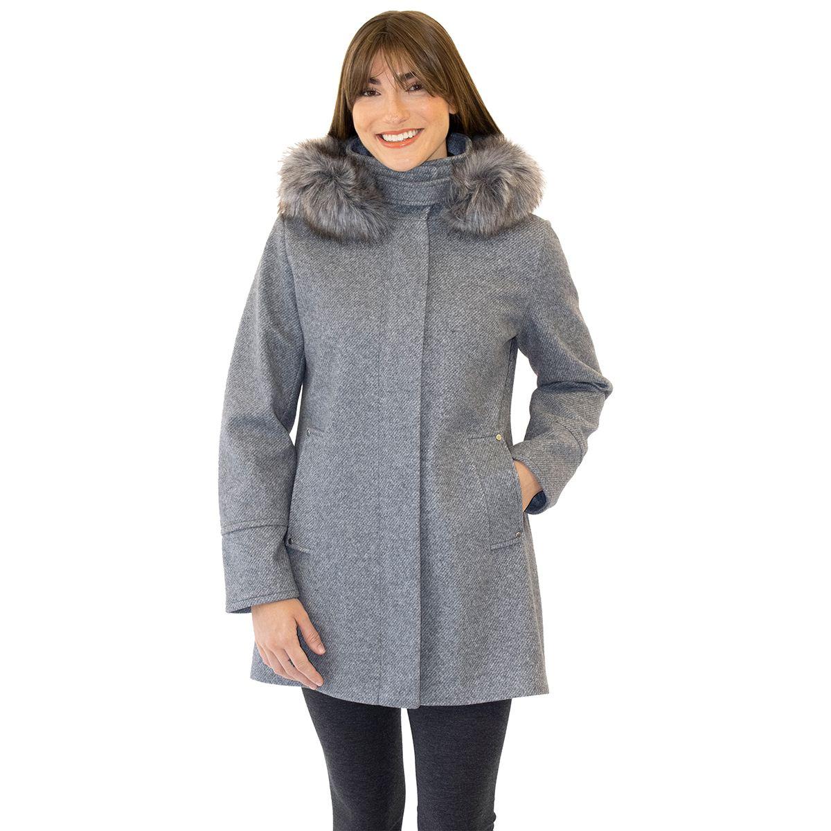 Womens Nine West Full Zip Faux Wool Coat with Faux Fur Hood
