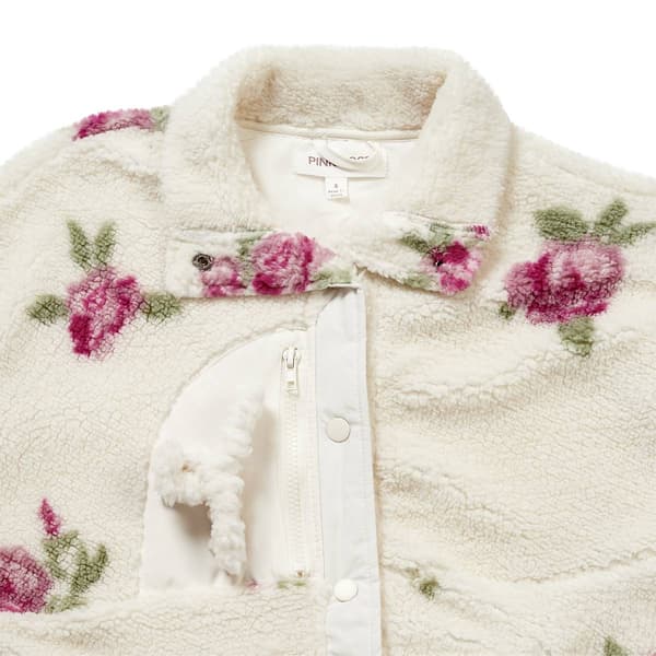 Juniors Pink Rose Floral Snap Button Teddy Shacket
