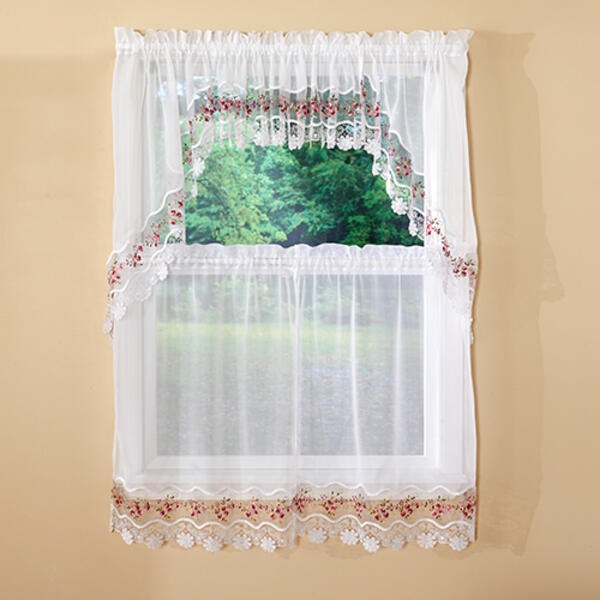 Vintage Embroidered Macrame Trim Kitchen Curtains - image 