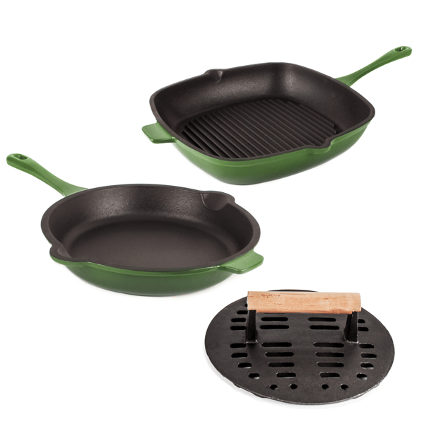 BergHOFF Neo 3pc. Cast Iron Fry & Grill Pan Set with Steak Press