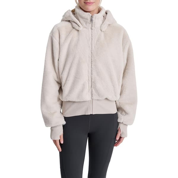 Womens DKNY Full Zip Terry Fur Bomber Removable Hood