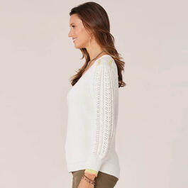 Womens Democracy 3/4 Pointelle Sleeve V-Neck Sweater w/Tipping