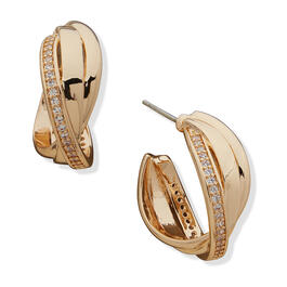 Anne Klein Gold-Tone Crystal Crossover C Hoop Earrings