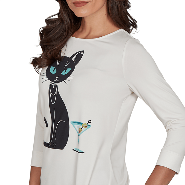 Womens Emaline Key Items 3/4 Sleeve Martini Cat Graphic Tee