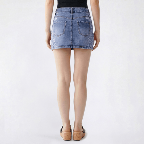 Juniors No Comment Denim Skirt w/ Placement Applique - Baby Blue