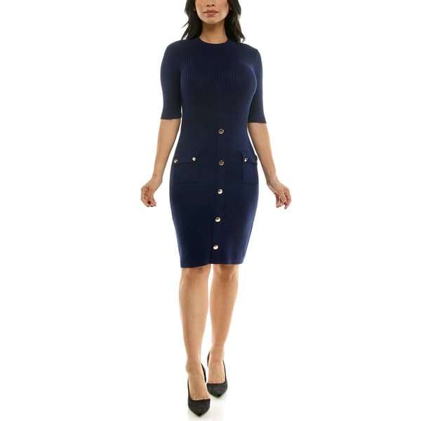 Womens Nina Leonard Elbow Sleeve Pocket Ribbed Sweater Dress