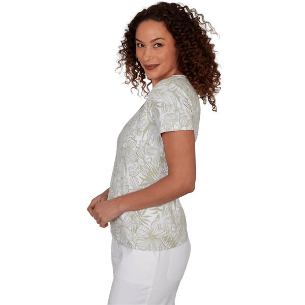 Petite Hearts of Palm Printed Essentials Tropical V Neck Tee