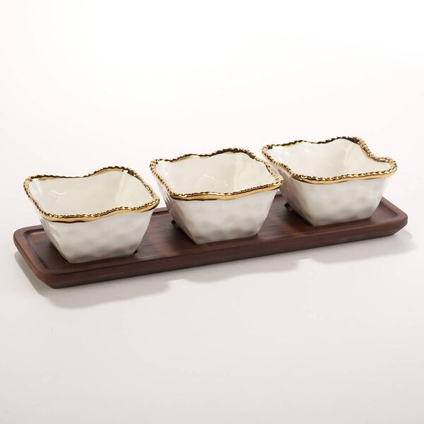 Home Essentials White & Gold Edge Bowls on Wood Board - Set of 3 - image 