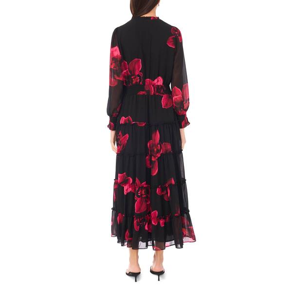 Womens MSK Long Sheer Sleeve Tie Neck Floral Tier Maxi Dress