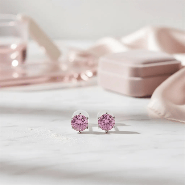 Saffron Sterling Silver Pink Moissanite Diamond Stud Earrings