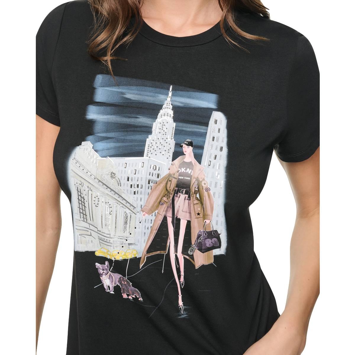 Womens DKNY Short Sleeve Midtown Dog Walker Conversational Tee