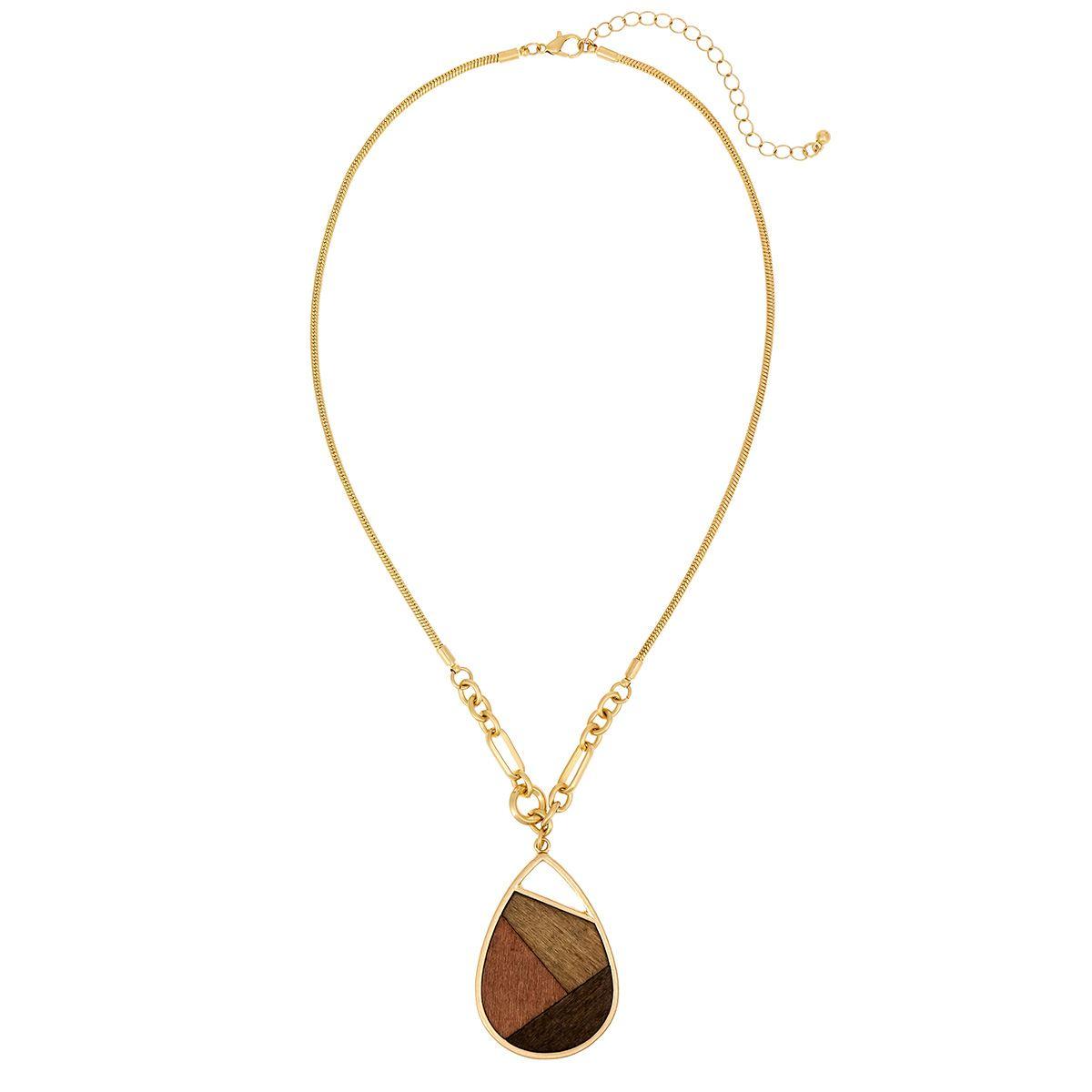 Ashley Cooper(tm) Gold-Tone Multi-Wood Patchwork Teardrop Pendant