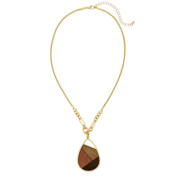 Ashley Cooper(tm) Gold-Tone Multi-Wood Patchwork Teardrop Pendant - image 