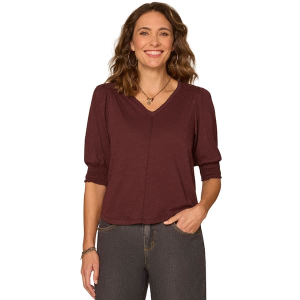 Womens Democracy Elbow Blouson Sleeve Scalloped V-Neck Shirtail - image 