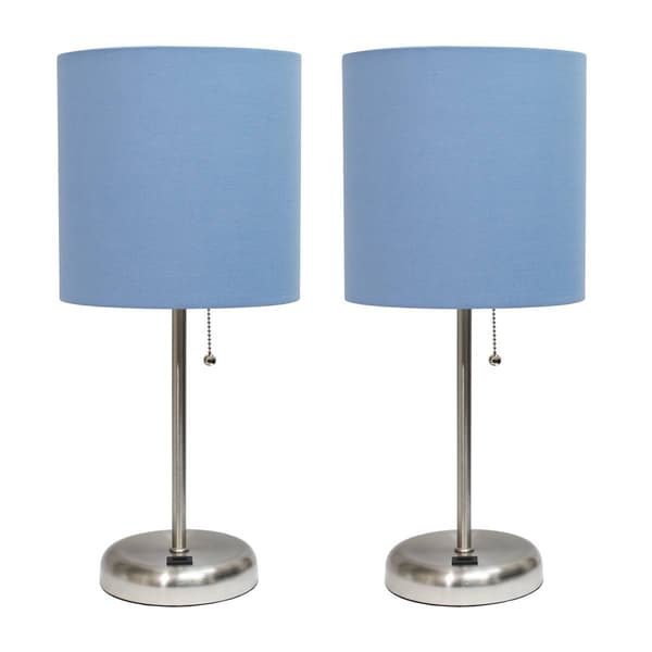 LimeLights Brushed Steel Lamp/USB Charge Port/Blue Shade-Set of 2