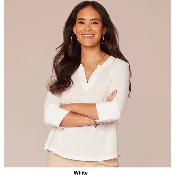 Womens Democracy Elbow Sleeve Split Neck Shirttail Hem Top