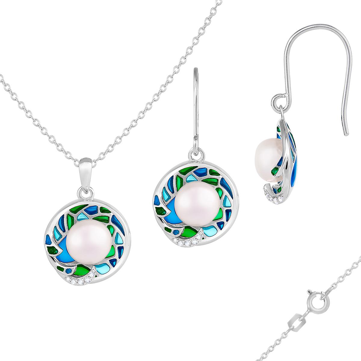Splendid Pearls Enamel & Pearl Earrings & Pendant Set
