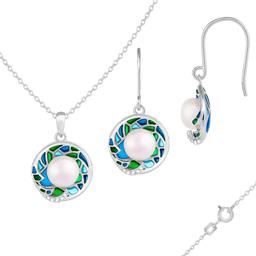 Splendid Pearls Enamel &amp; Pearl Earrings &amp; Pendant Set