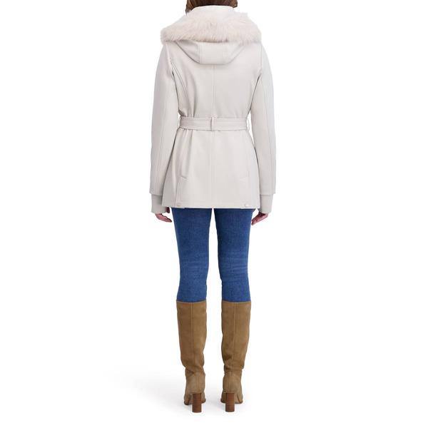 Womens Kensie Belted Softshell Jacket with Faux Fur Trimmed Hood