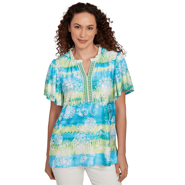 Plus Size Ruby Rd. Paradise Cove Batik Embroidered Tie Dye Puff