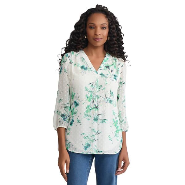 Womens Jones New York 3/4 Sleeve Floral Clip Dot Blouse