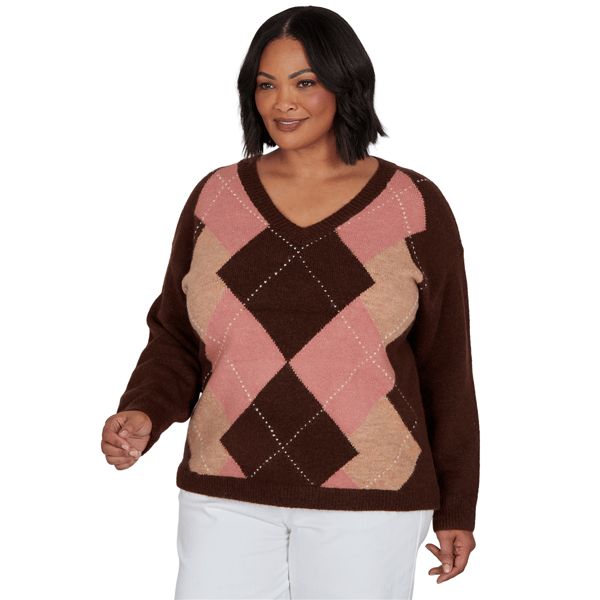 Plus Size Hearts of Palm Berry Fabulous V Neck Argyle Sweater