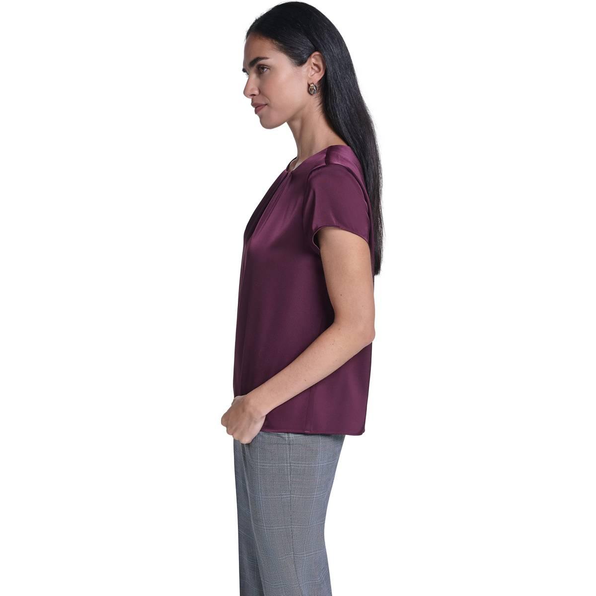 Womens Calvin Klein Short Sleeve Solid Pleated Neck Blouse