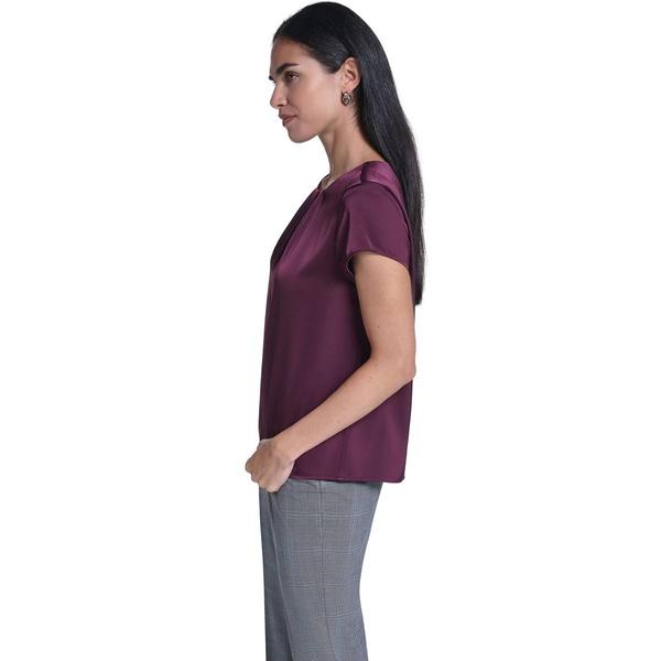 Womens Calvin Klein Short Sleeve Solid Pleated Neck Blouse