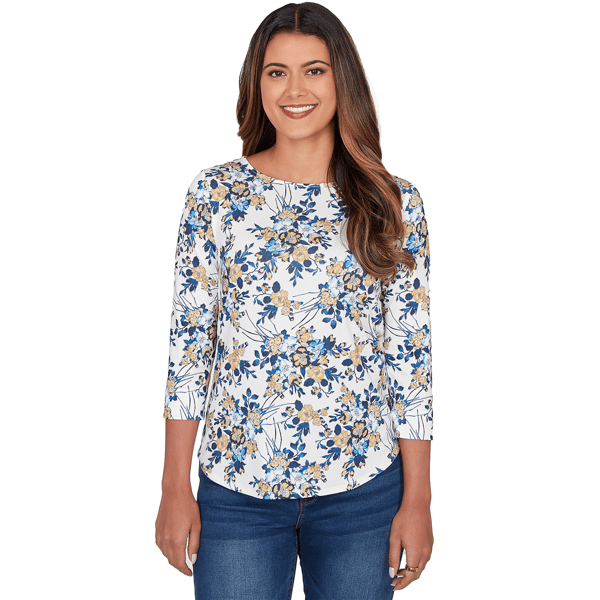 Womens Emaline Key Items 3/4 Sleeve Boat Neck Floral Top