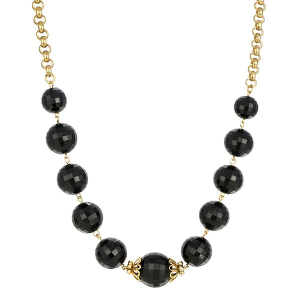1928 Gold Tone Black Beaded Necklace - image 