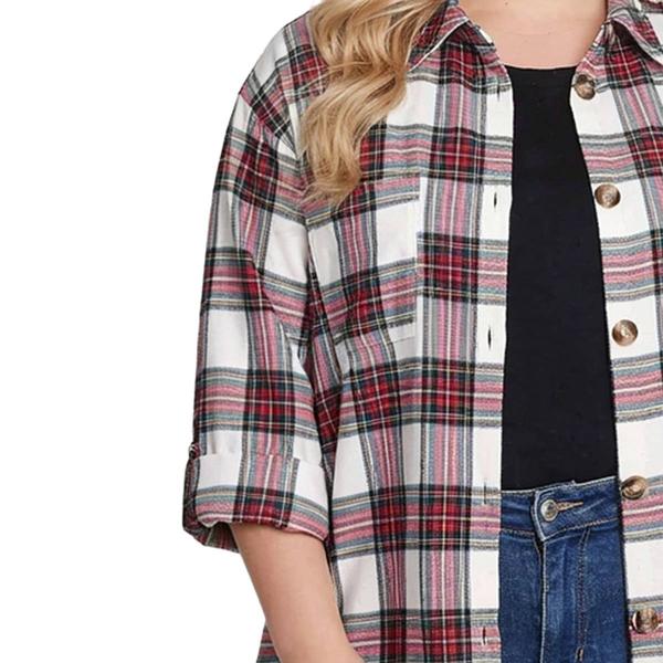 Plus Size NY Collection 3/4 Roll Sleeve Plaid Flannel Shirt