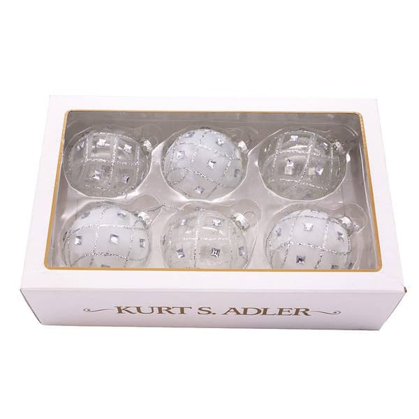 Kurt Adler 6pc. Jeweled Clear Feather White Ball Ornaments Set
