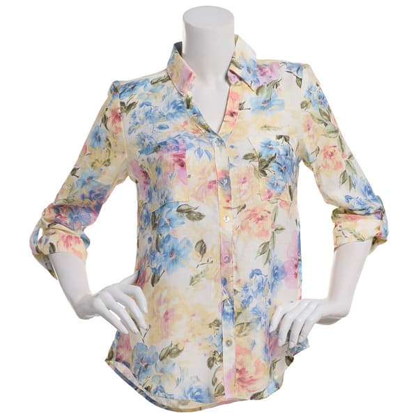 Juniors A. Byer Floral Roll Tab Sleeve Portofino Blouse