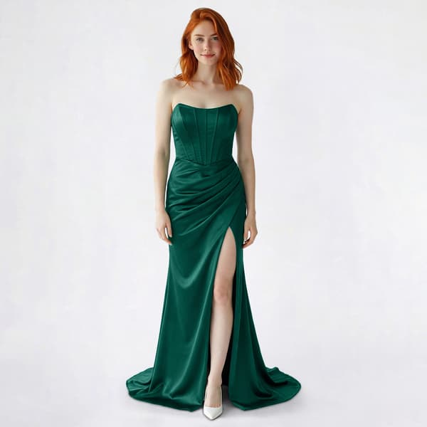 Juniors Emerald Sundae Strapless Satin Ruched Evening Gown - image 
