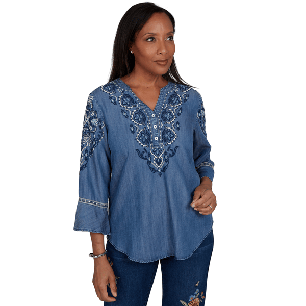 Womens Alfred Dunner Tuscany 3/4 Sleeve Embroidered Henley Blouse