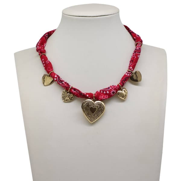 Ashley Red Bandana Scarf Necklace w/ Gold-Tone Heart Charms - image 