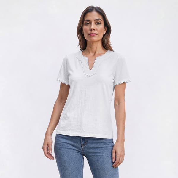 Womens LANDS’ END® Short Sleeve Split Neck Lace Trim Blouse