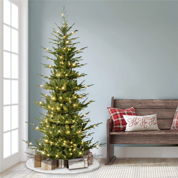 Puleo International 7.5ft. Pre-Lit Slim Hillside Spruce Tree