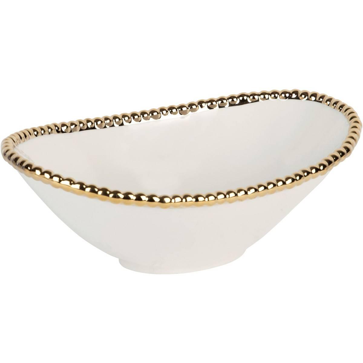 Home Essentials 12.75in. White & Gold Edge Medium Oval Bowl