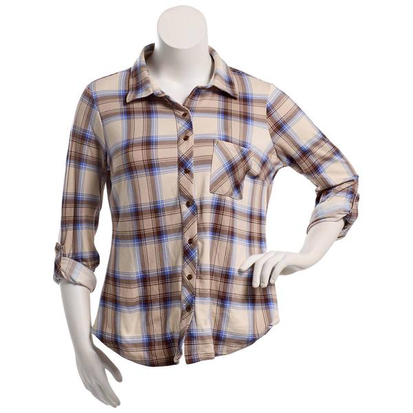 Juniors Plus No Comment Fleece Lined Plaid Flannel - Tan - image 