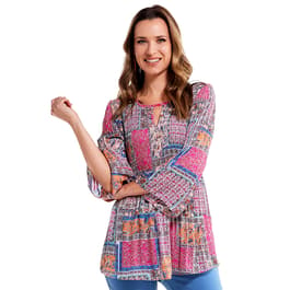 Womens 3/4 Sleeve Keyhole Patchwork Blouse