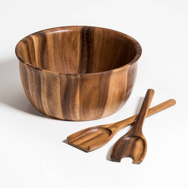 Kalmar Home Acacia Wood Flared Edge Salad Bowl w/ Servers - image 